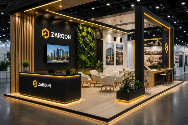 Modern, stylish Zarqon exhibition booth with ambient lighting and greenery.