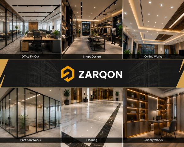 Collage showcasing office and commercial interior design services by ZARQON.