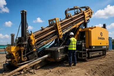 Worker operating a large yellow drilling machine on a construction site.