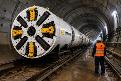A worker stands beside a large tunnel boring machine inside a tunnel.