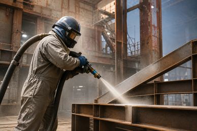 Worker in protective gear sandblasting metal beams in an industrial setting.