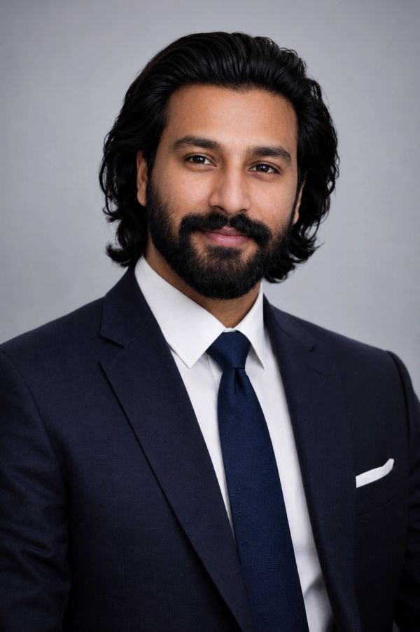 Confident man in a navy suit and tie.