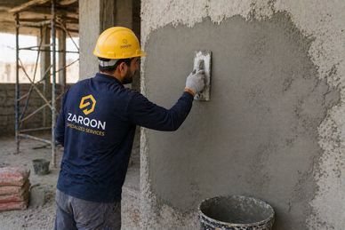 Construction worker plastering wall.