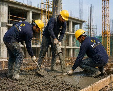Construction workers pouring concrete at a building site.