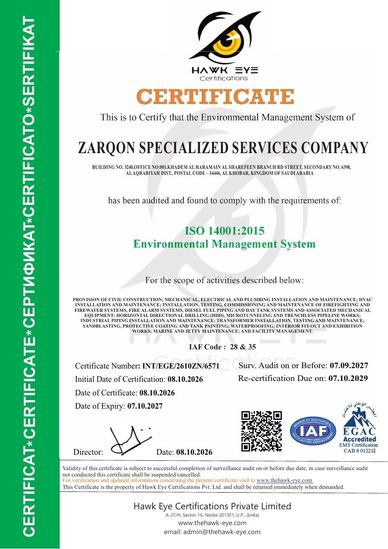 ISO 14001:2015 Environmental Management System certificate for Zarqon Specialized Services Company.