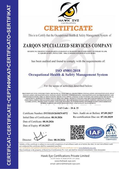 ISO 45001:2018 Occupational Health & Safety certificate for Zarqon Specialized Services Company.