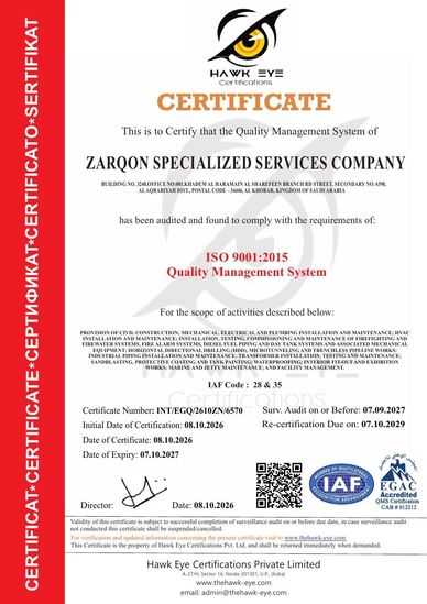 ISO 9001:2015 Quality Management System certificate for Zarqon Specialized Services Company.
