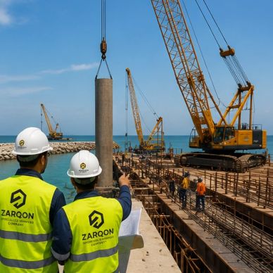 Two engineers oversee a marine construction site with cranes and workers.
