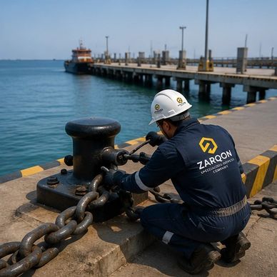 Worker securing a heavy chain at a dockside with a ship in the background.