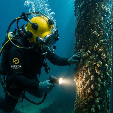 A diver inspects underwater structure with flashlight and helmet.
