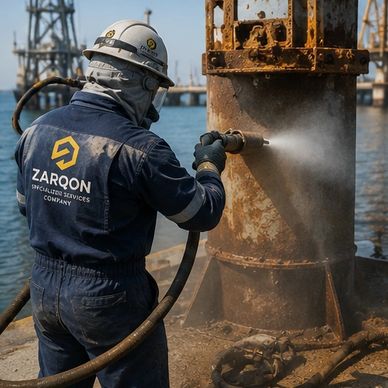 Worker using high-pressure water jet to clean rusty metal structure.