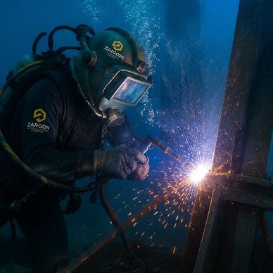 An underwater welder sparks light while working on a metal structure.