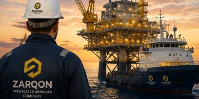 Worker from Zarqon company near offshore oil platform at sunset.