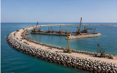 Construction of a breakwater in the sea.