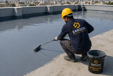 Worker applying waterproofing on a rooftop.