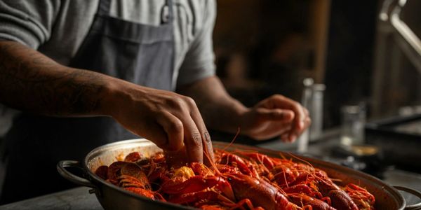 Chef preparing a large dish of cooked crawfish in a kitchen.