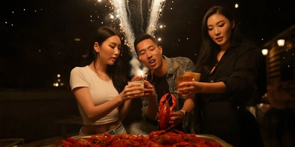 Three friends enjoying a seafood feast with drinks and fireworks at night.