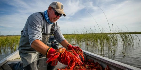 A man in gloves holding a bunch of red crawfish on a boat in a marshy area.