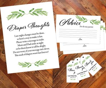 Diaper thoughts and advice cards for a baby shower with green leaf design.