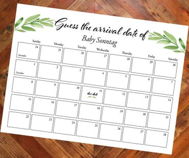 A baby arrival date guessing calendar for Baby Sonntag with a due date marked on December 11.