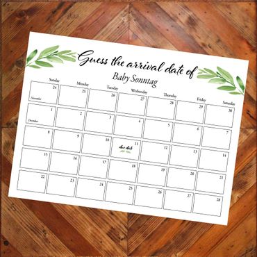 A baby arrival date guessing calendar for Baby Sonntag with decorative green leaves.