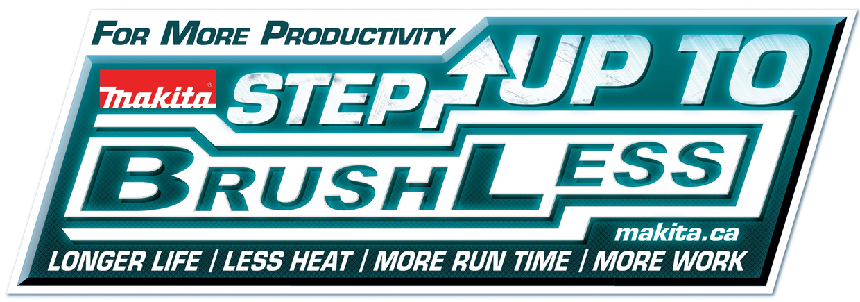 Makita advertisement promoting up to 10 times more productivity with brushless tools.