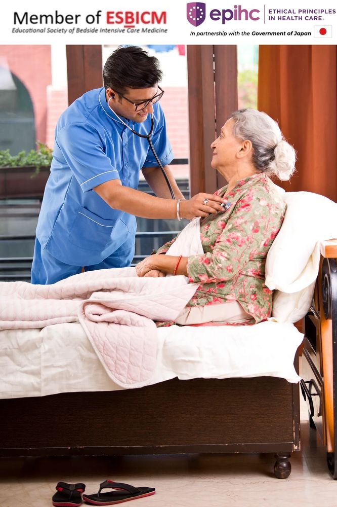 Young male healthcare worker checking an elderly woman's heartbeat.