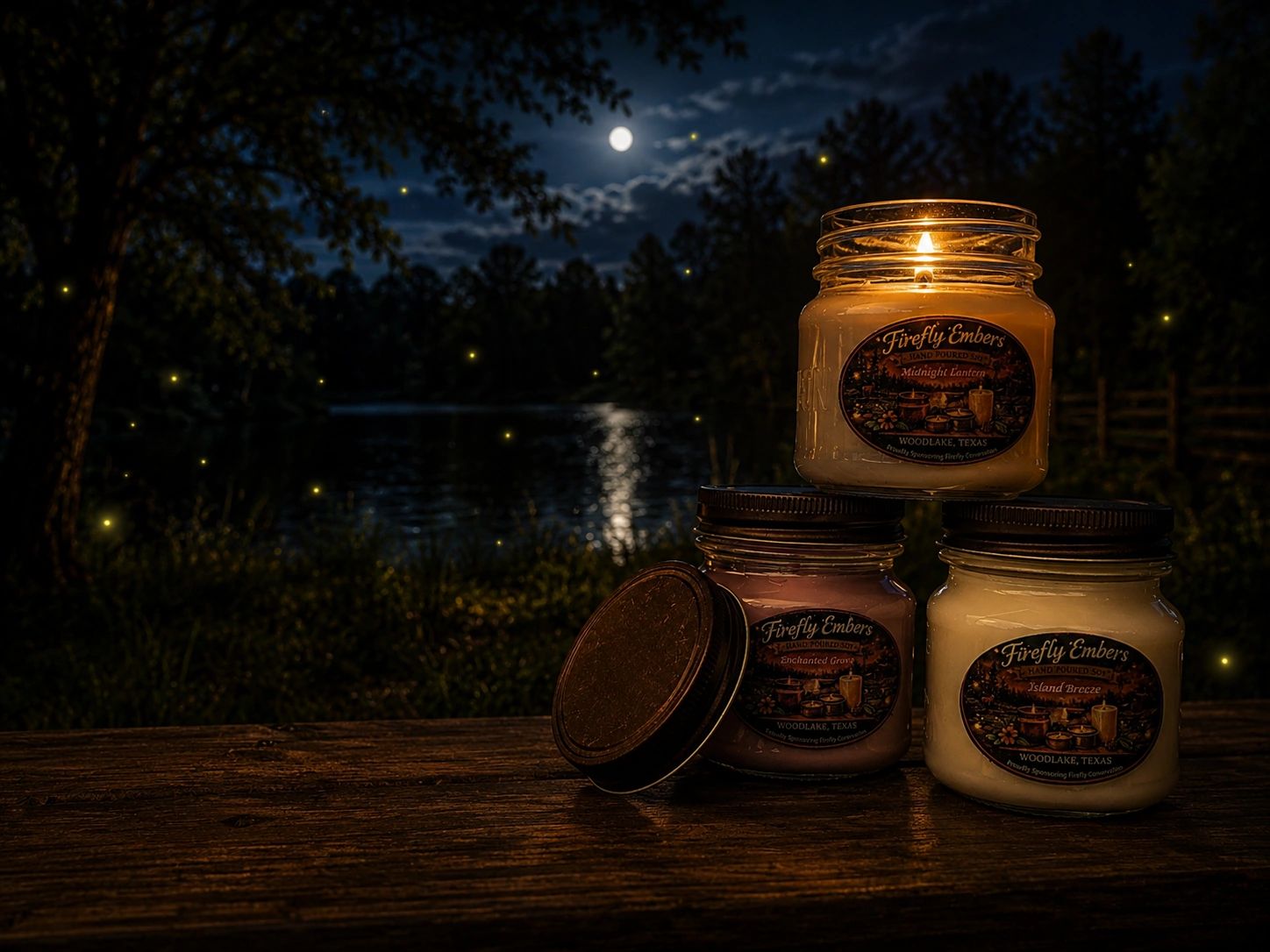 Three scented candles on a wooden table at night with fireflies and a full moon over a lake.