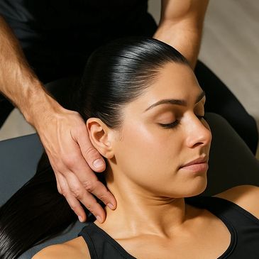 A therapist massages a woman's neck while she relaxes with closed eyes.