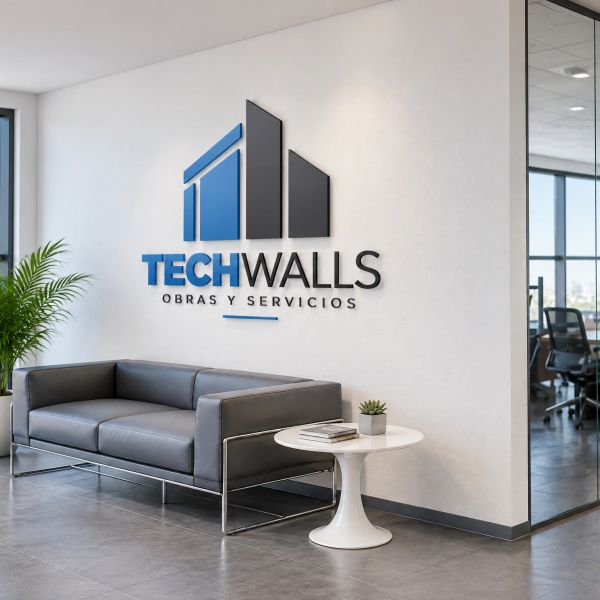 Recepción moderna de oficina con logo de TECHWALLS.