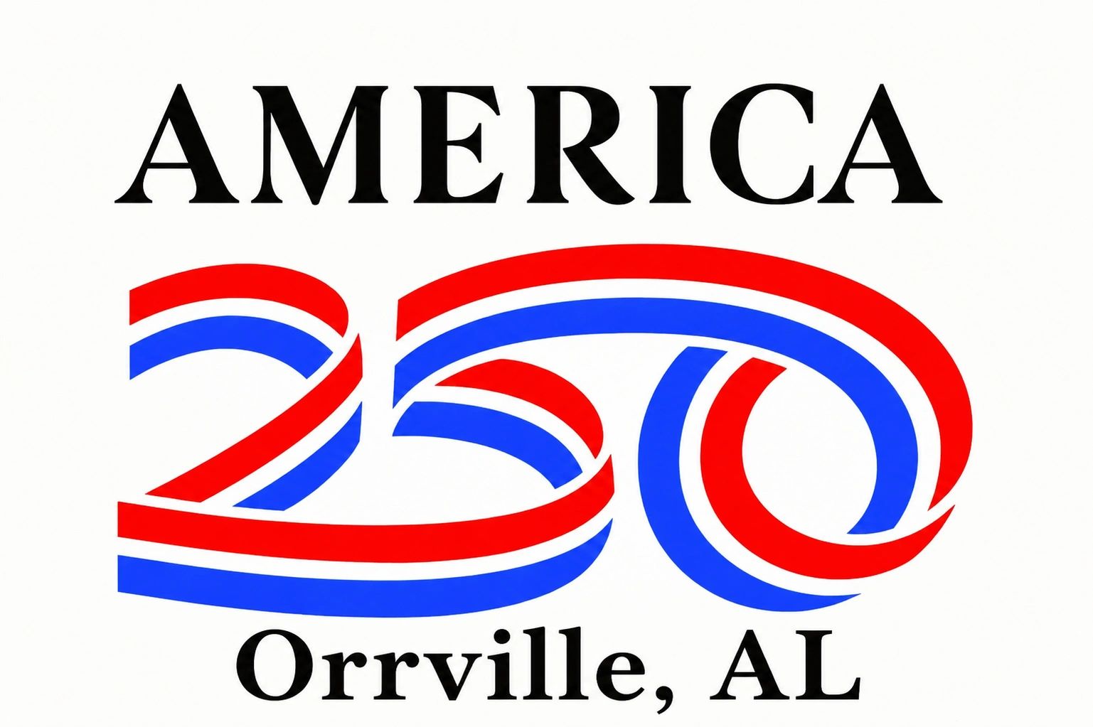 Logo celebrating America 250 in Orrville, Alabama with red and blue ribbon design.