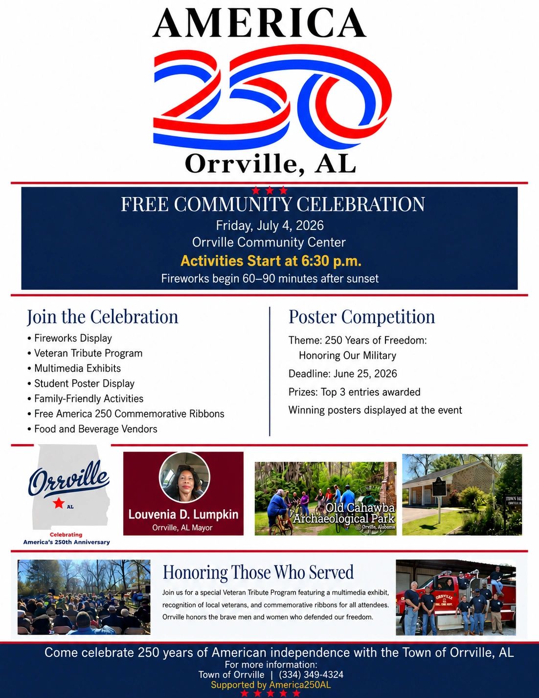 America 250 free community celebration in Orrville, AL on July 4, 2026.