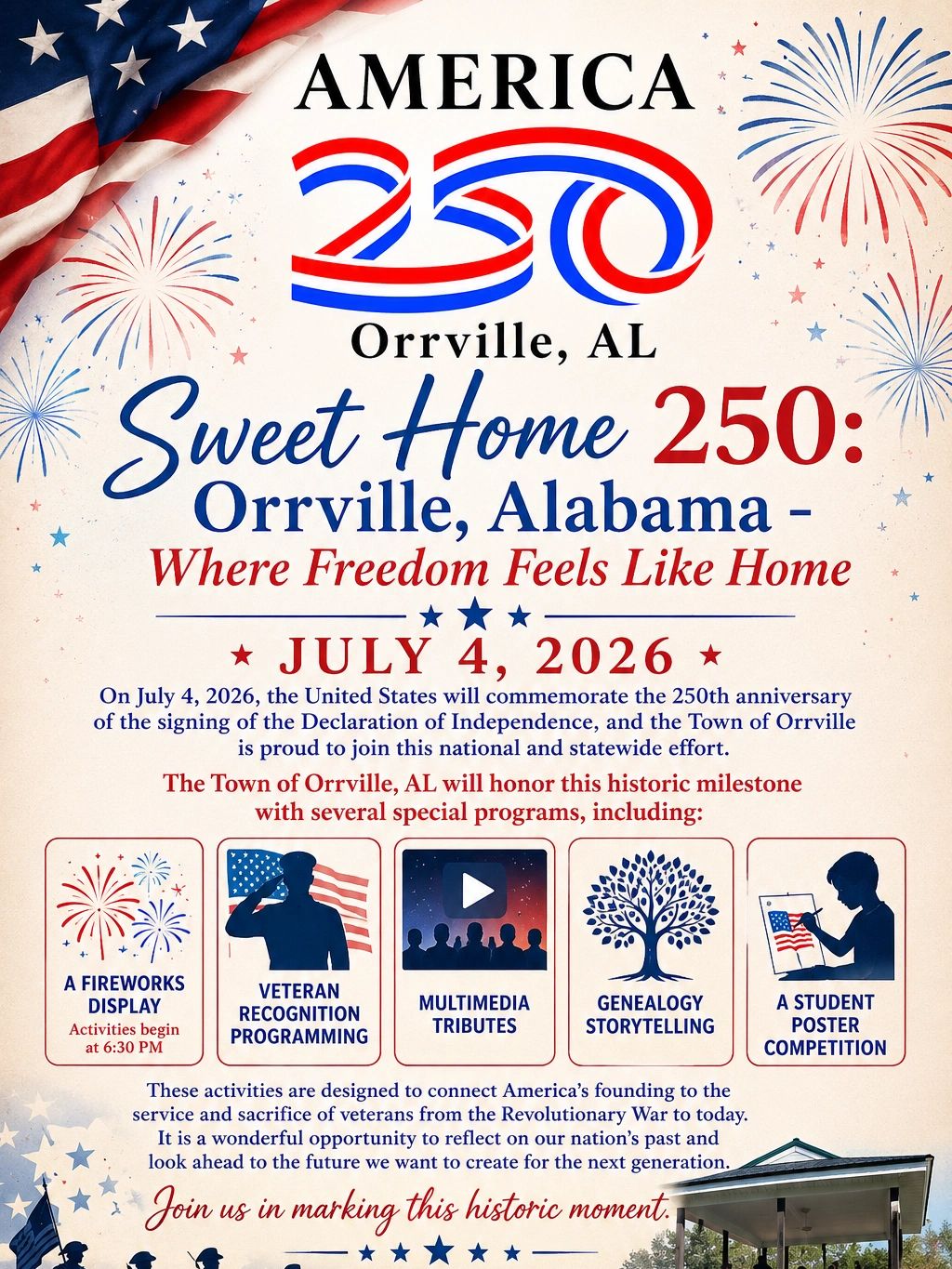 Celebrating America's 250th anniversary in Orrville, Alabama on July 4, 2026.