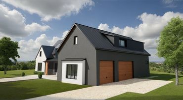 Modern two-story house with dark and white walls and wooden garage doors.