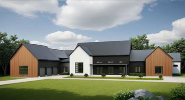 Modern large house with black, white, and wood exterior under a partly cloudy sky.