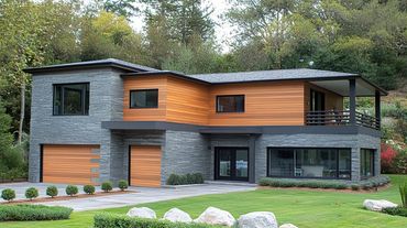 Modern two-story house with wood and stone exterior surrounded by greenery.