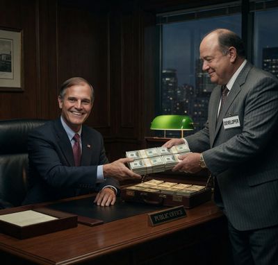 Two men exchanging stacks of cash in an office setting.