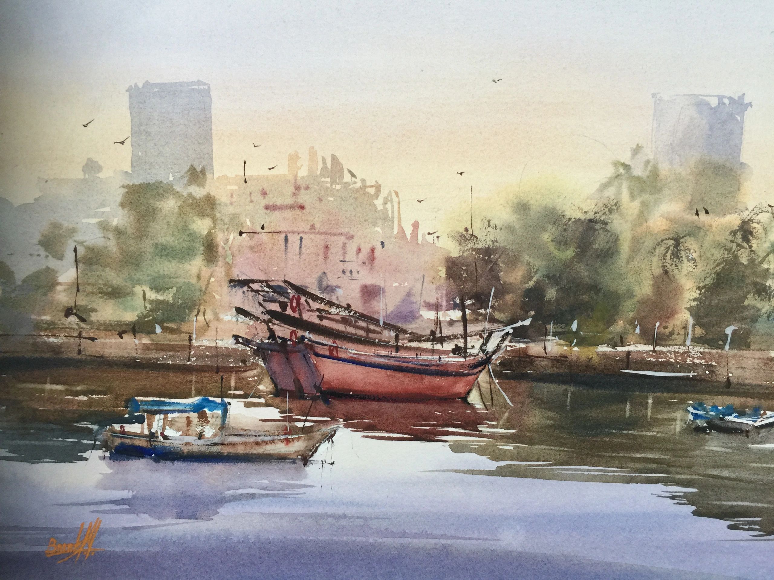 Ajman waterfront
30 cm x 40 cm
Watercolor on 300gsm Arches cold pressed paper. 
Plein air painting.