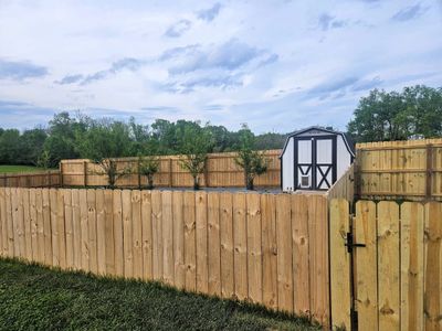 A fenced backyard with a small shed and a dog peeking over the fence.