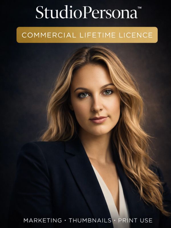 Professional portrait of a woman advertising StudioPersona commercial license.