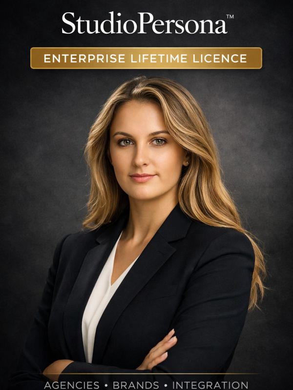 Professional woman promoting StudioPersona Enterprise Lifetime Licence.