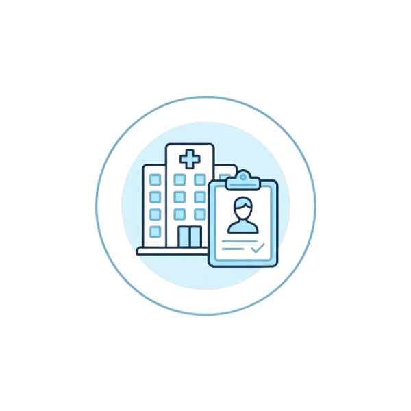 Icon of a hospital building with a medical clipboard.
