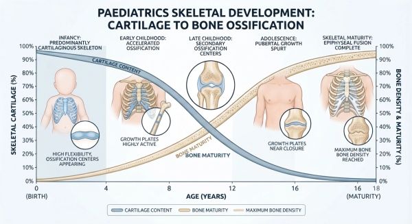 Paediatrics skeletal development from cartilage to bone ossification by age.