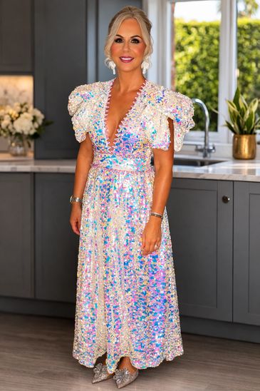 A woman wearing a sparkling sequin dress with puffed sleeves stands in a modern kitchen.