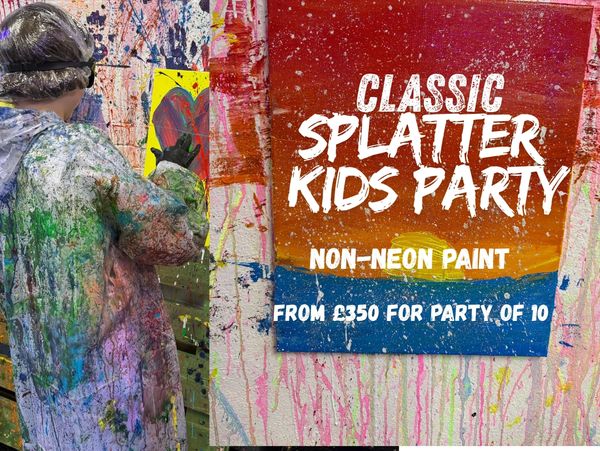 Child painting at a classic splatter kids party with non-neon paint.
