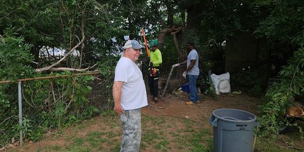 Johnson Tree Surgery crew trimming branches and clearing debris from a residential property in the O