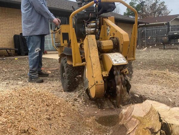 Tree service professional operating a stump grinder to remove a tree stump in Yukon, Oklahoma.