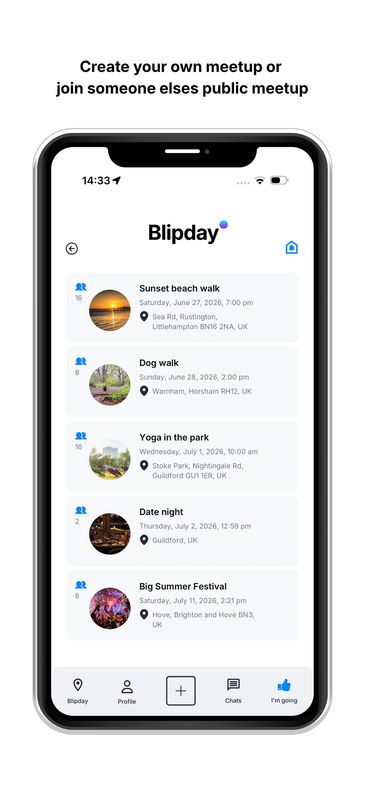 Blipday - App for creating or joining public meetups.