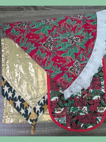 Image: Christmas floral fabric placemat, tree skirt and gold fabric table runner.