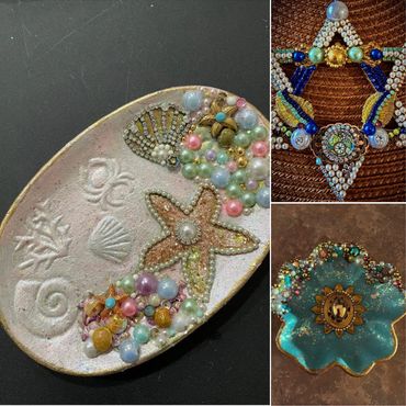 3 photos: Jeweled tan oval plate with sea shells, Jewish star, and turquoise small dish.